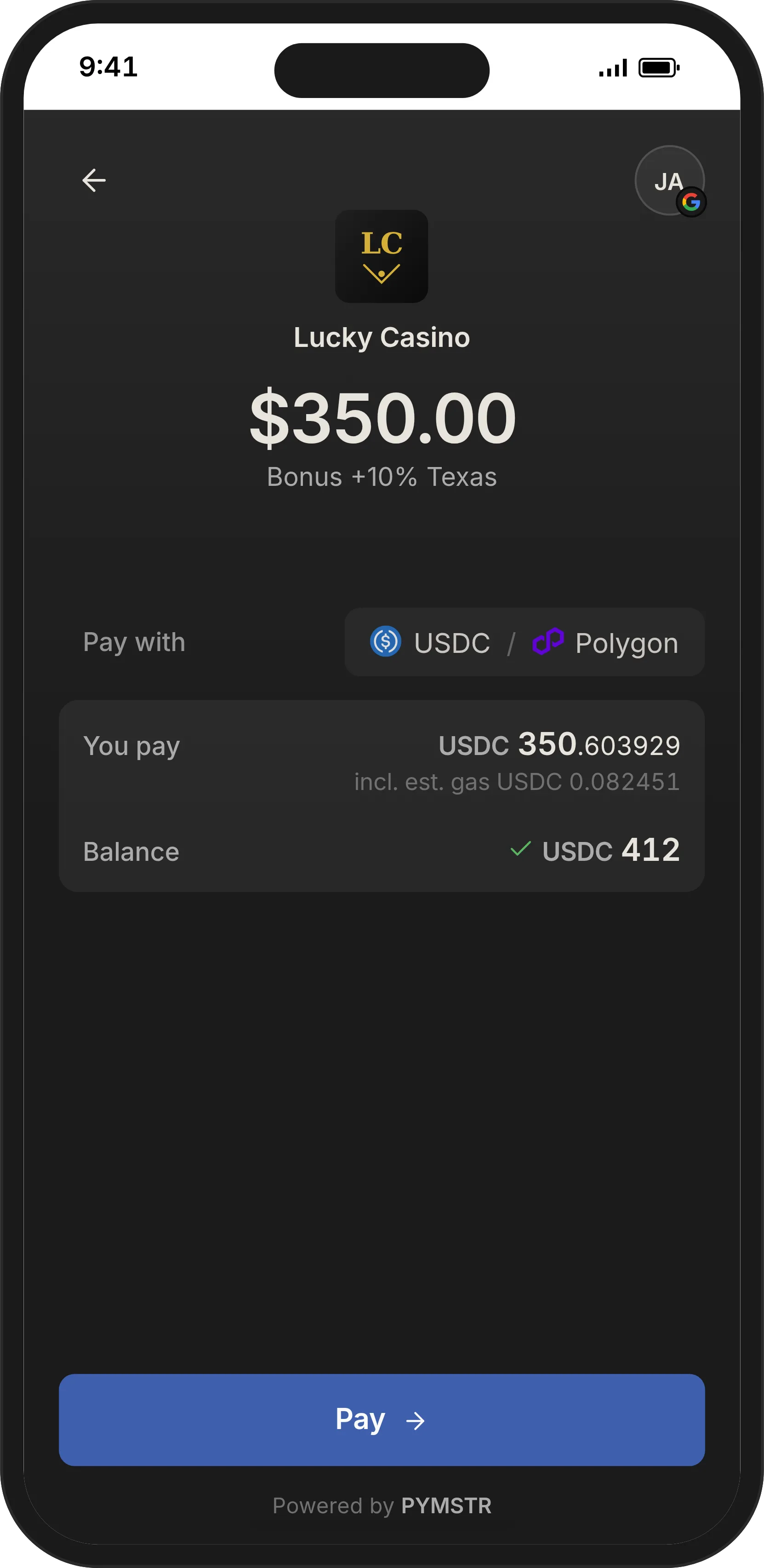 PYMSTR checkout review and pay screen on mobile