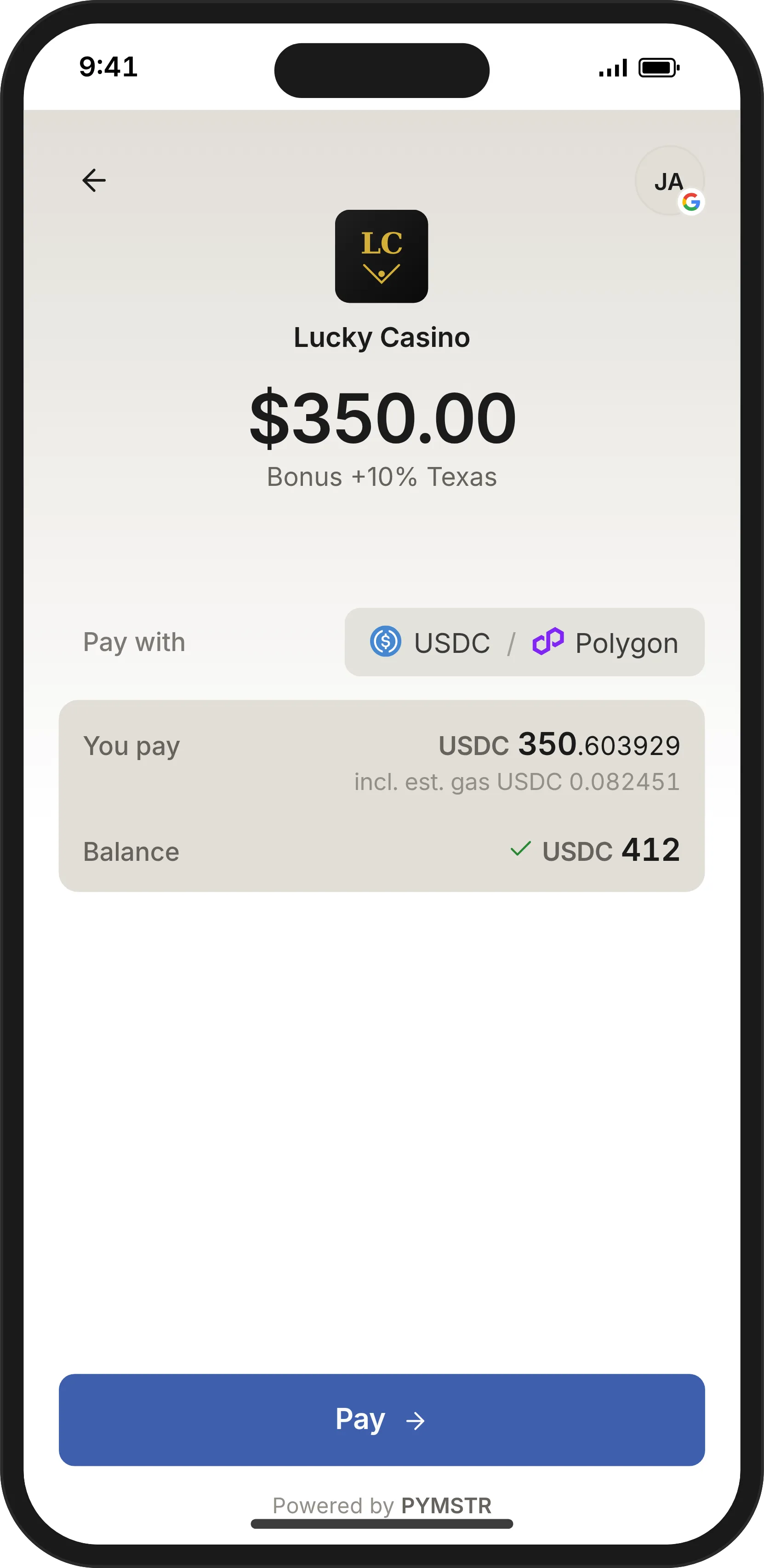 PYMSTR checkout review and pay screen on mobile